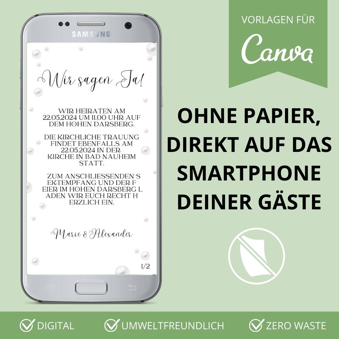 Digitale Einladung Hochzeit WhatsApp Perlen mit Links (Canva Vorlage)