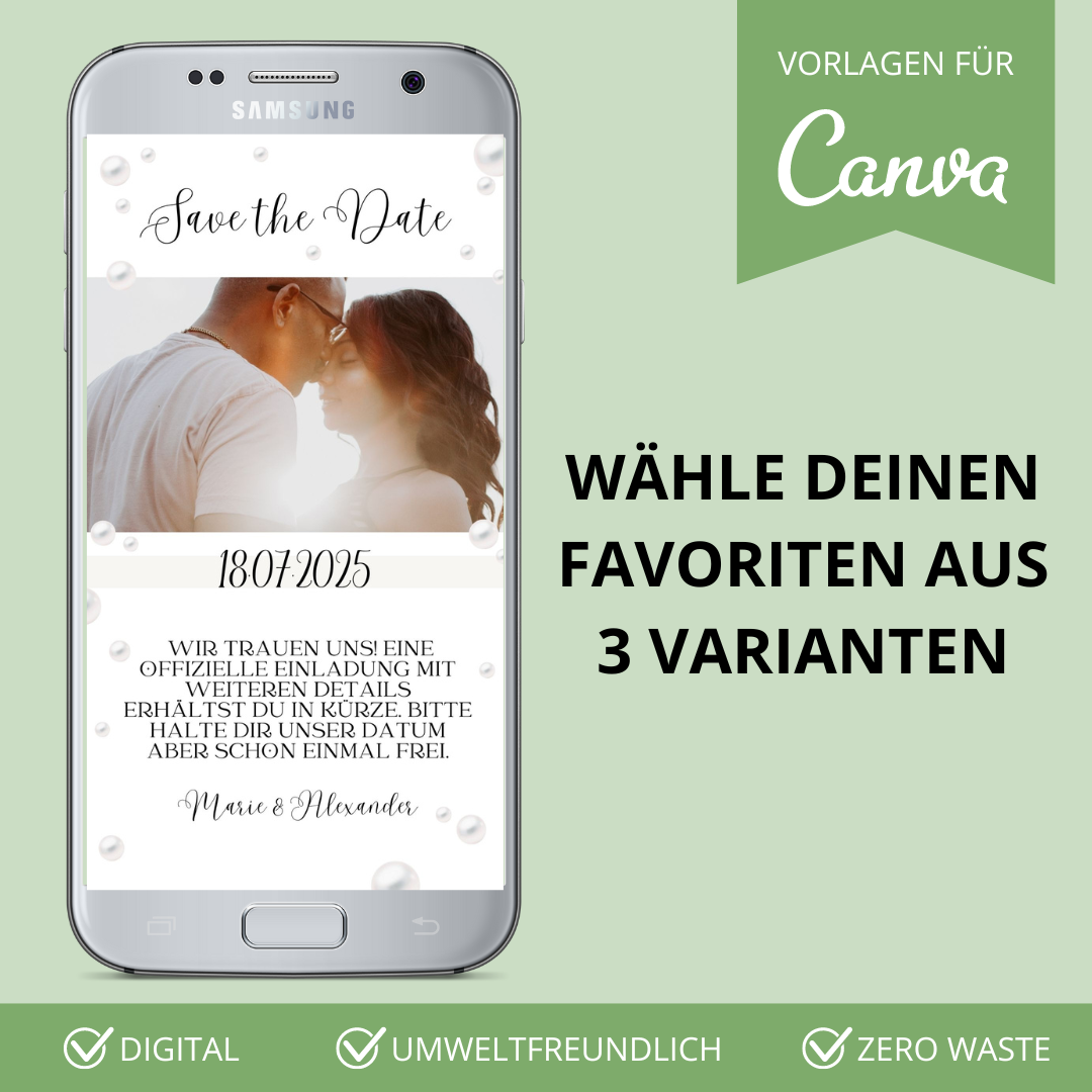 Digitale Save the Date Karte WhatsApp Perlen (Canva Vorlage)