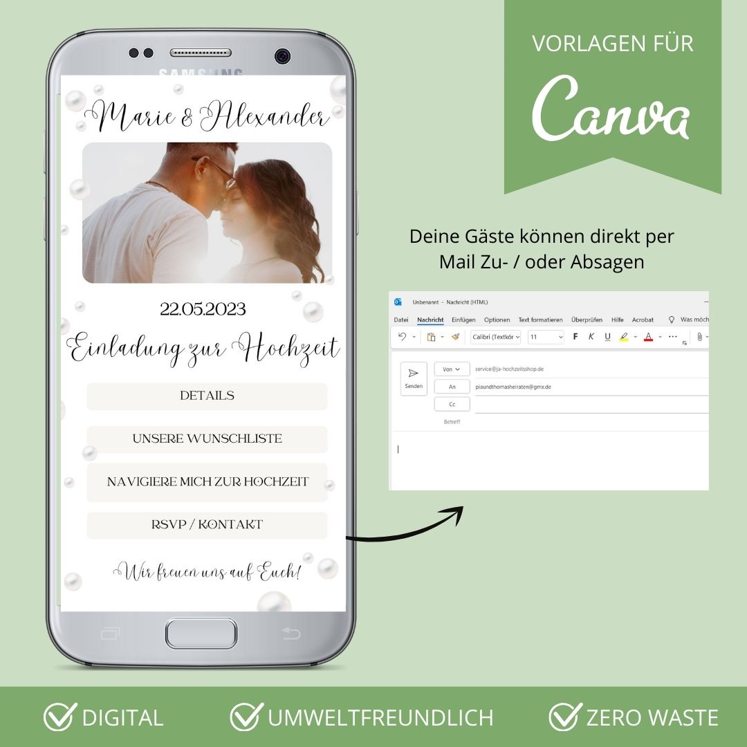 Digitale Einladung Hochzeit WhatsApp Perlen mit Links (Canva Vorlage)