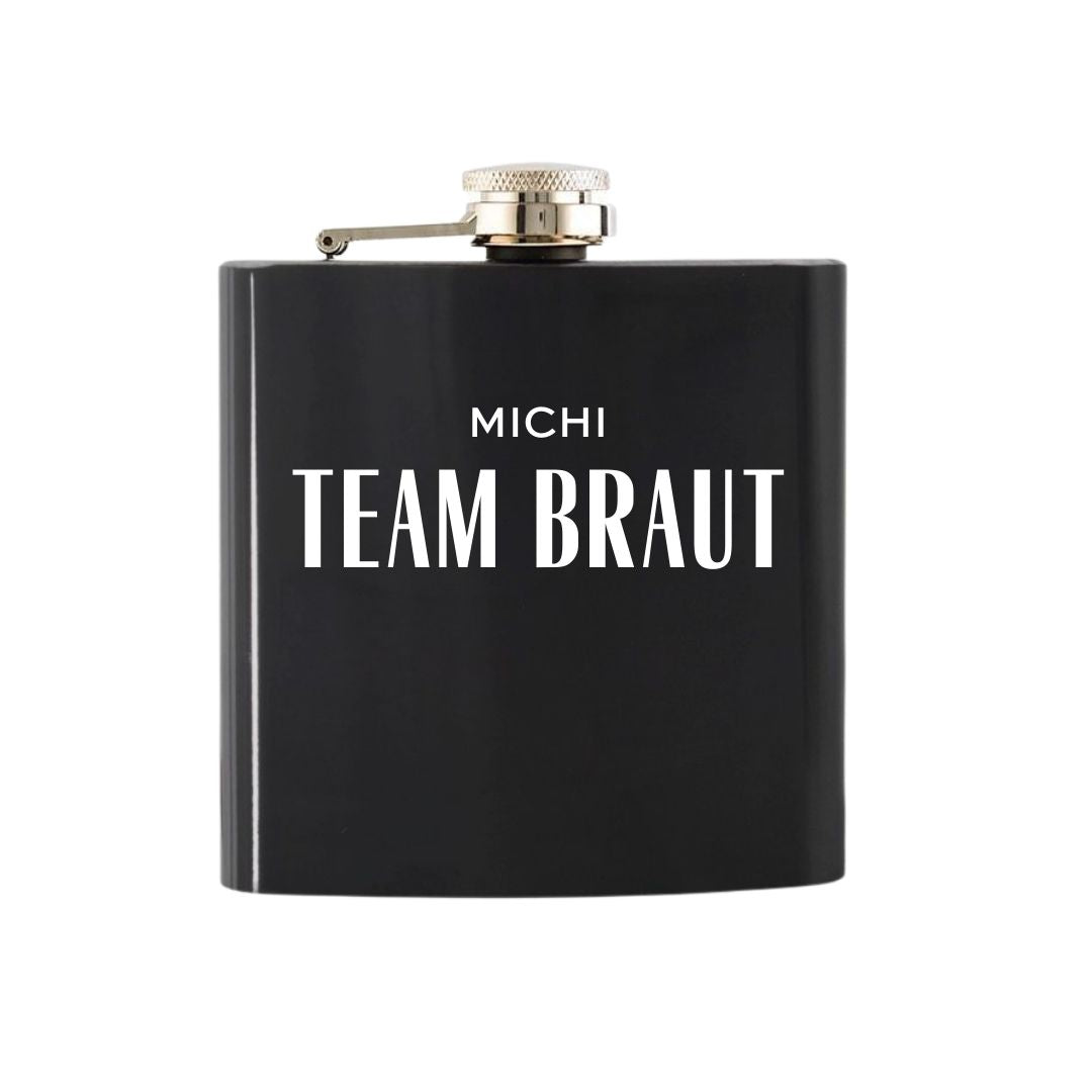 Personalisierter Geschenk Flachmann schwarz team braut