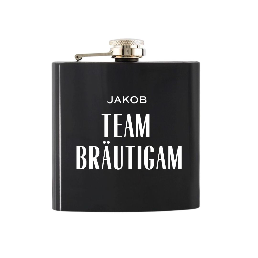Personalisierter Geschenk Flachmann schwarz team bräutigam