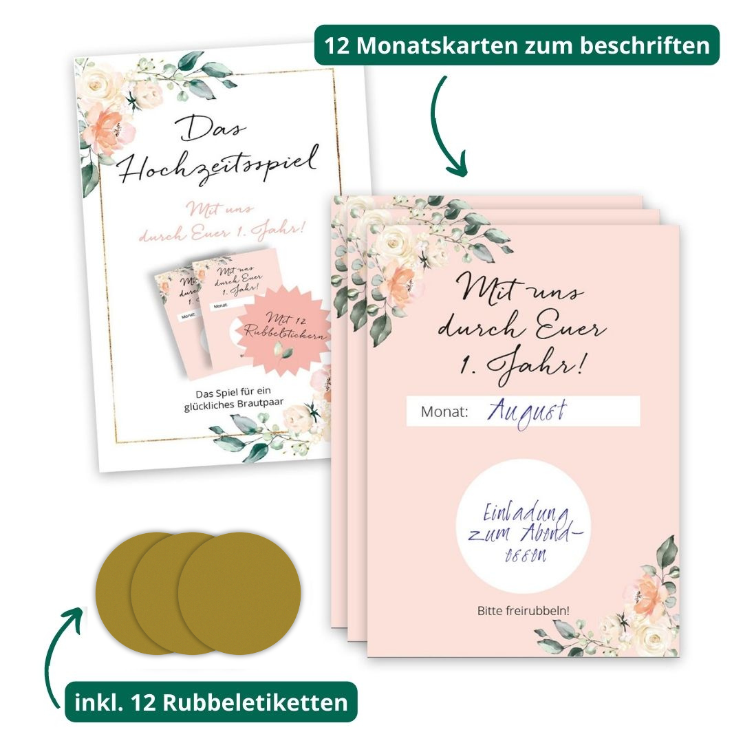 Hochzeitsspiel mit 12 Monatskarten und Rubbelstickern