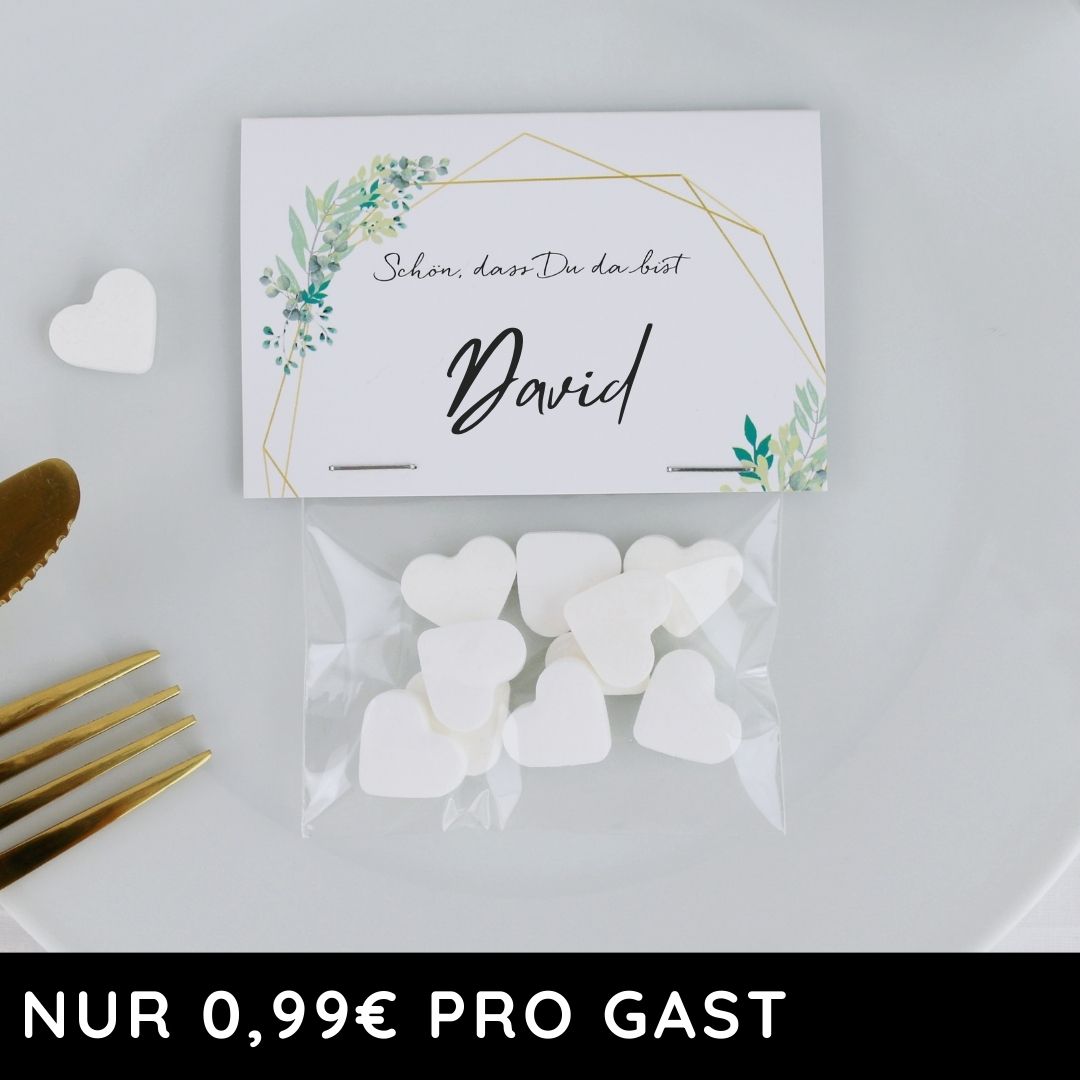 gastgeschenk zur hochzeit mit namenskarte minzherzen