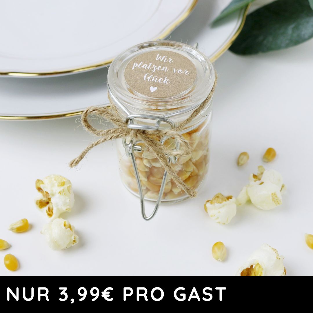 Gastgeschenk Popcorn Mais mit Bügelglas und Aufkleber