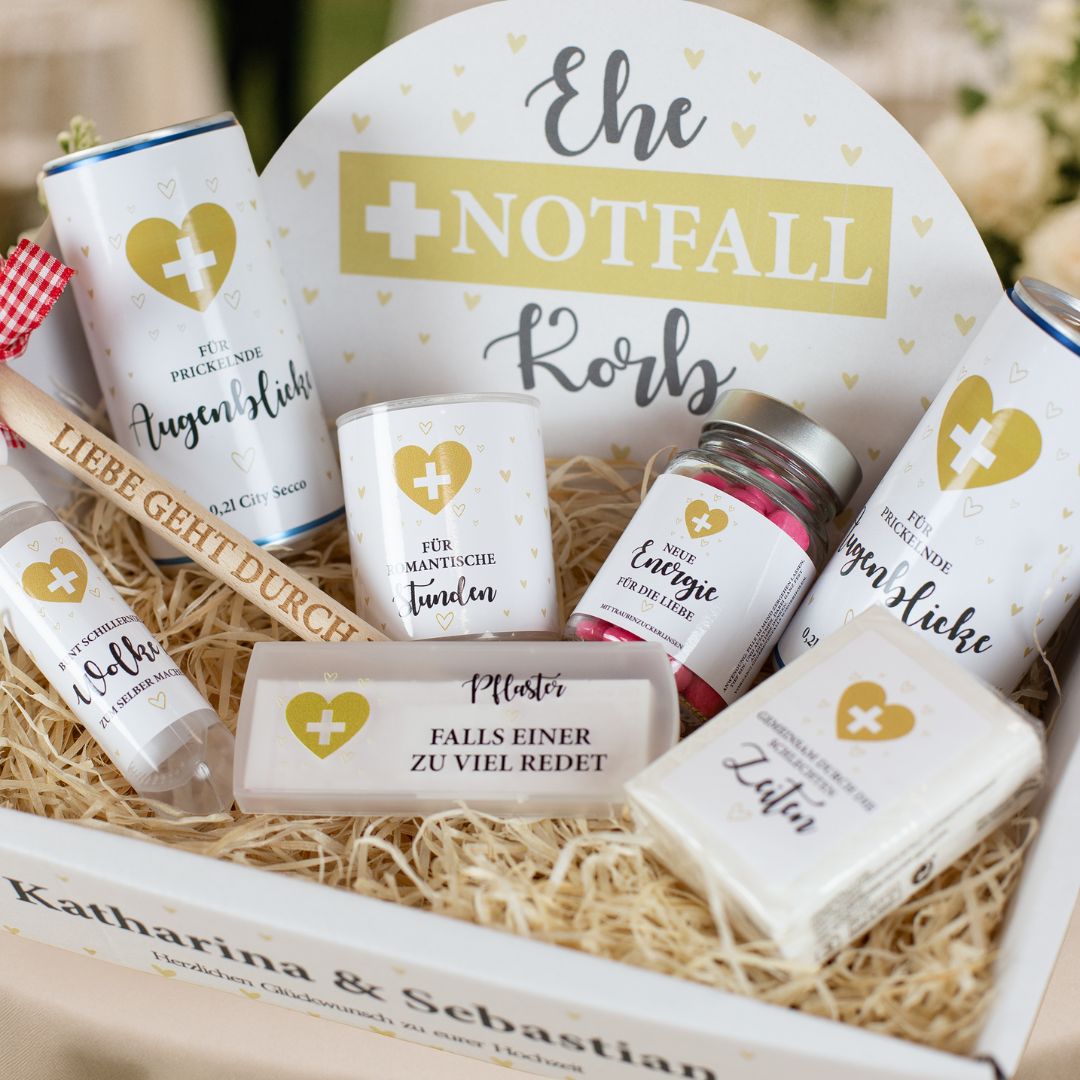 Personalisierter Ehe Notfallkorb (mit Inhalt)