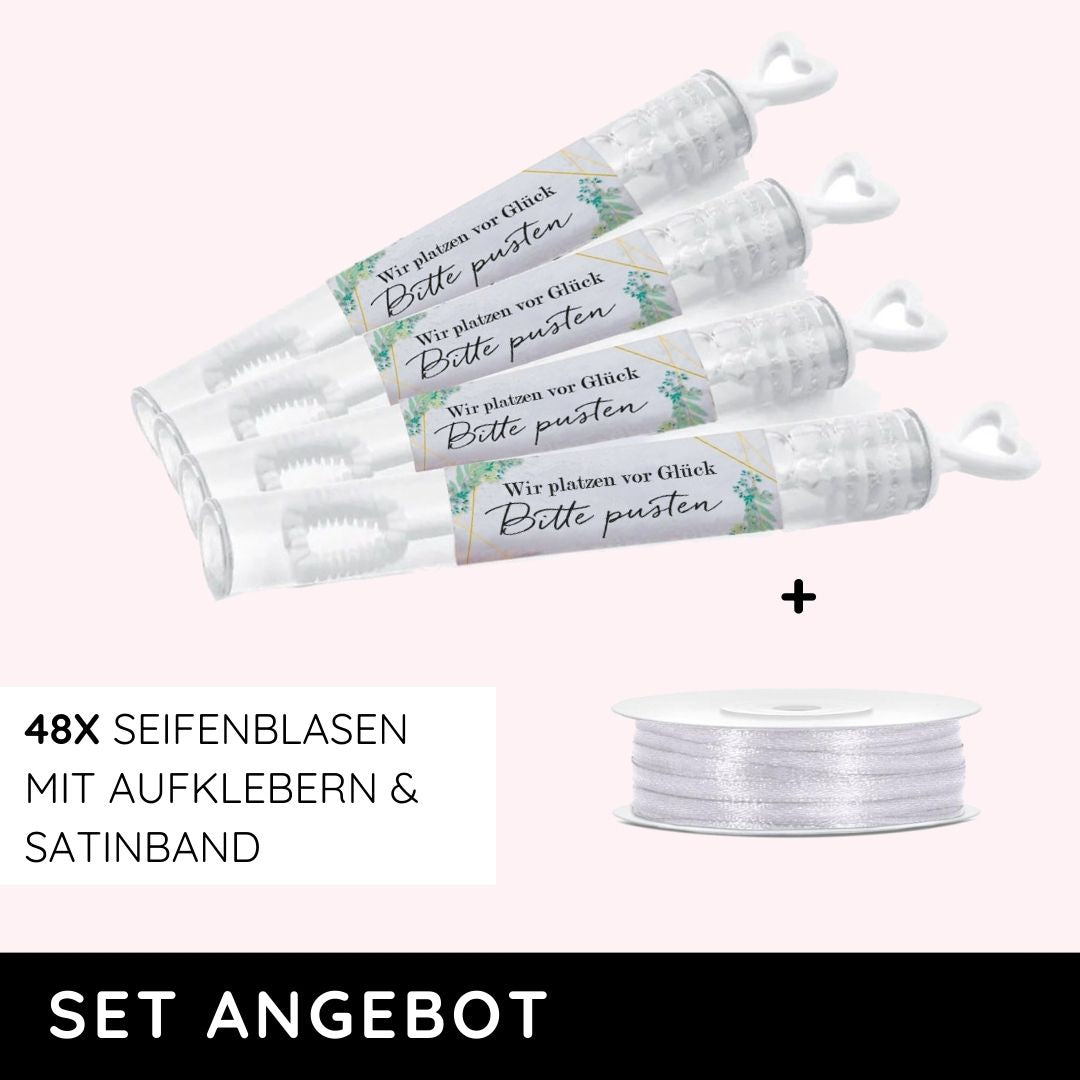 Set 48x Seifenblasen inkl. Aufkleber und Satinband Eukalyptus