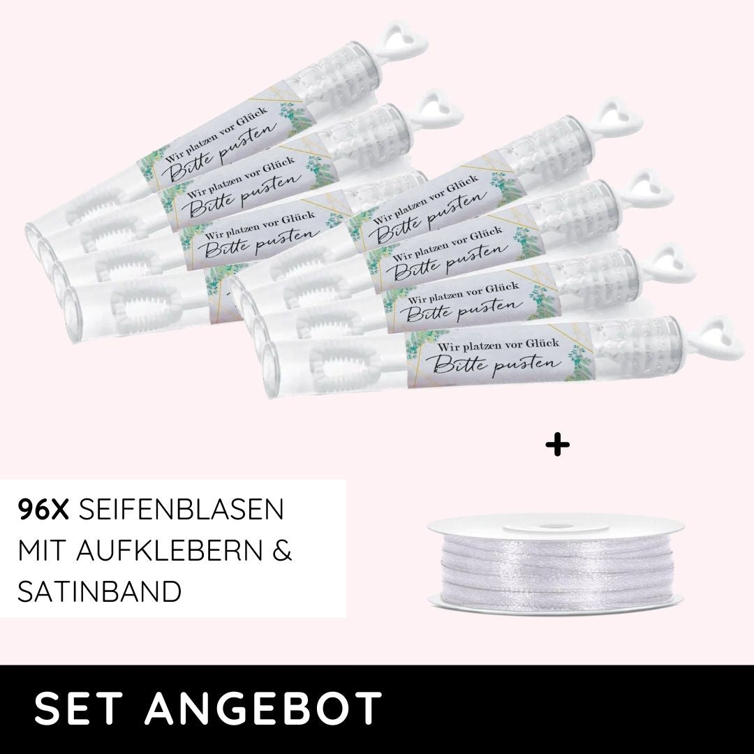 Set 96x Seifenblasen inkl. Aufkleber und Satinband Eukalyptus