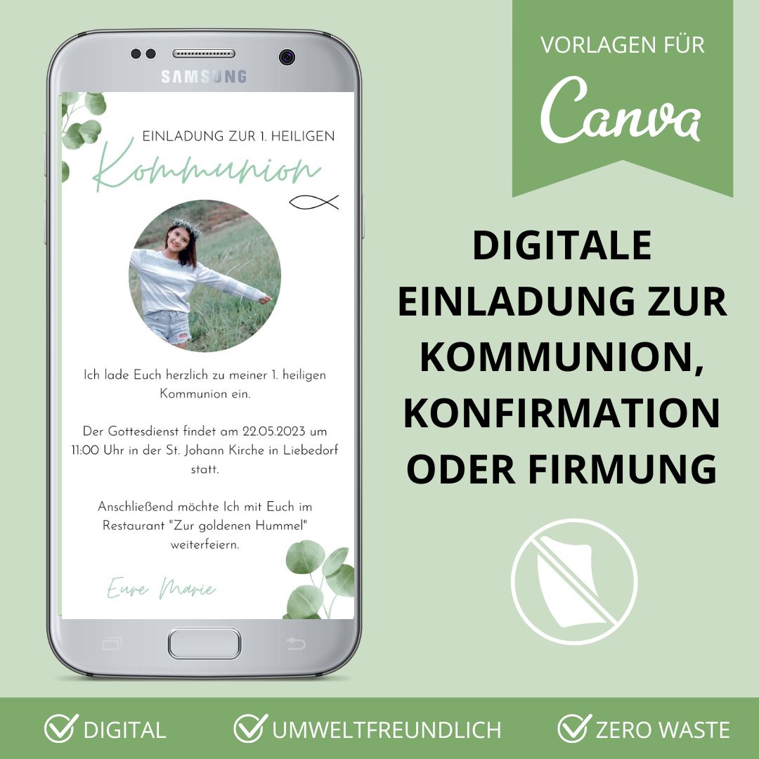 digitale einladung zur kommunion, konfirmation, firmung versenden als canva vorlage