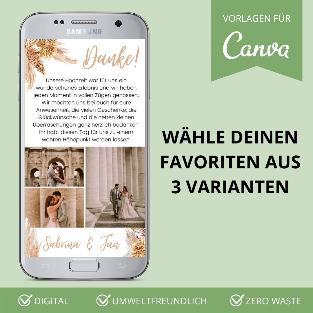 digitale dankeskarte zur hochzeit versenden als canva vorlage