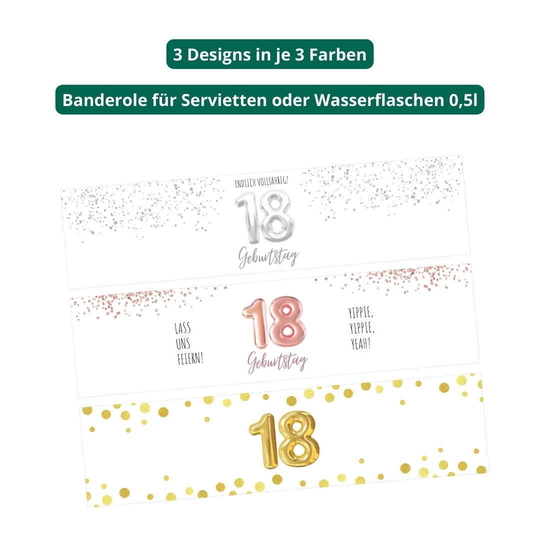 Banderole für Serviette oder Wasserflasche 18. Geburtstag