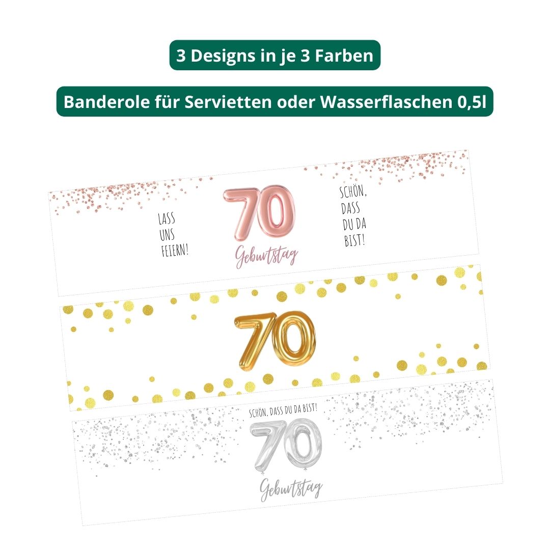 Banderole für Serviette oder Wasserflasche 70. Geburtstag