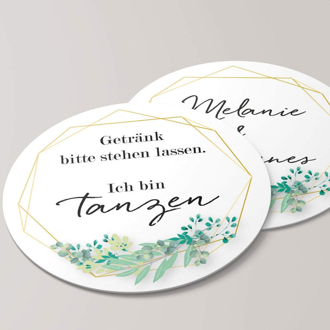 Personalisierte Bierdeckel Hochzeit Eukalyptus mit Namen