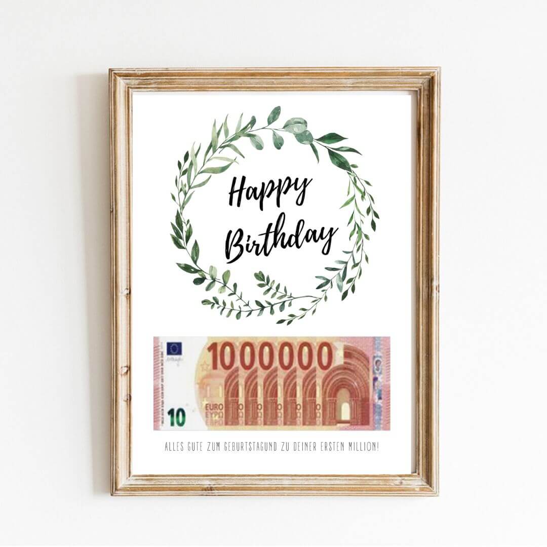 Geschenk Brautpaar erste Million Eukalyptus Motiv