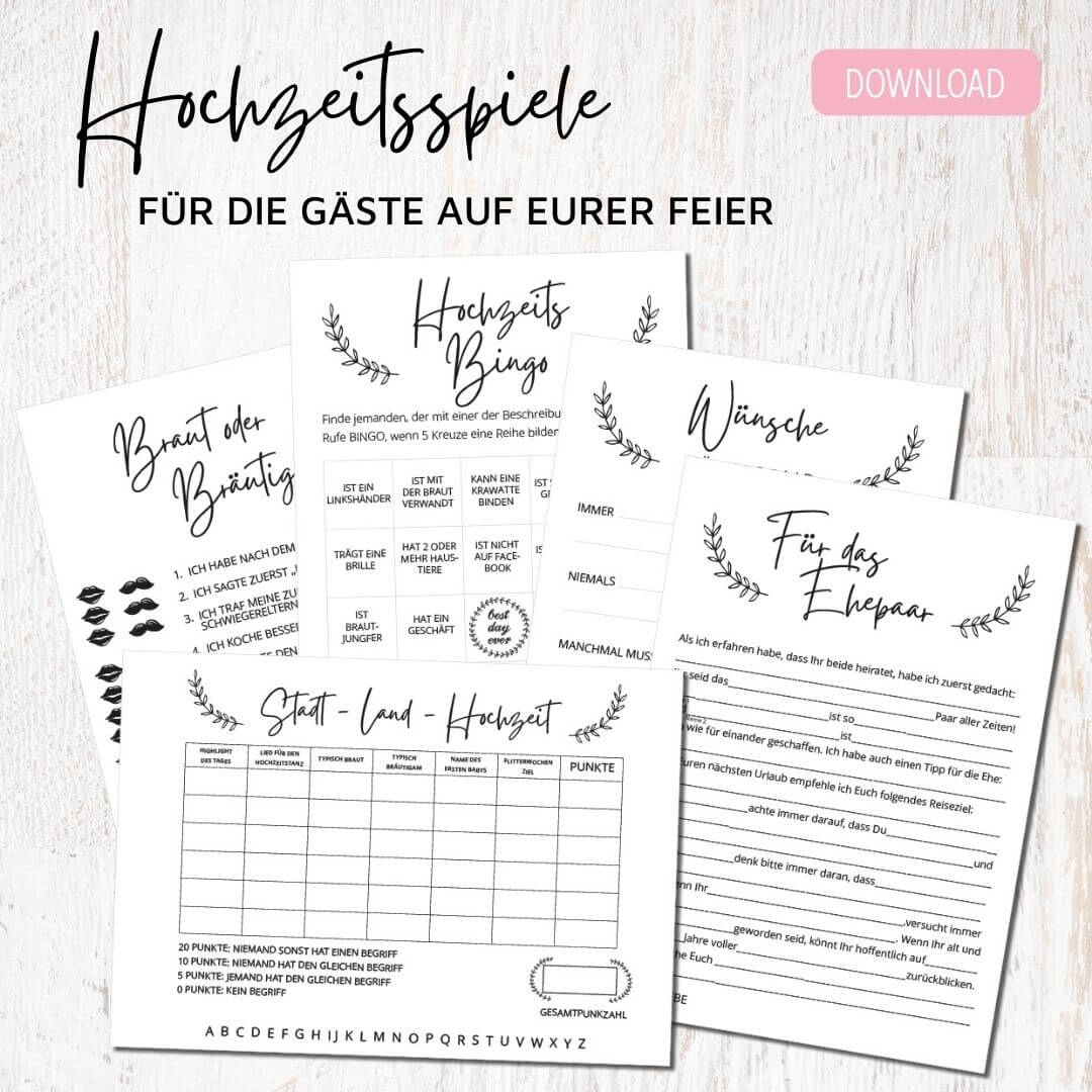 Hochzeitsspiele Set als Downlaod von Ja Hochzeitsshop