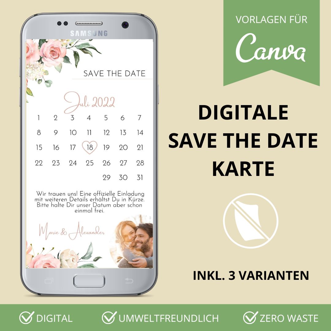 digitale save the date karte zur hochzeit versenden als canva vorlage