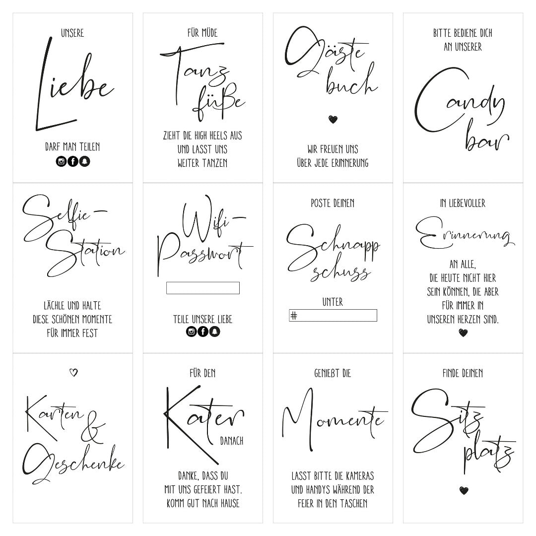 Set aus 21 Schildern zur Hochzeit als Sofort-Download