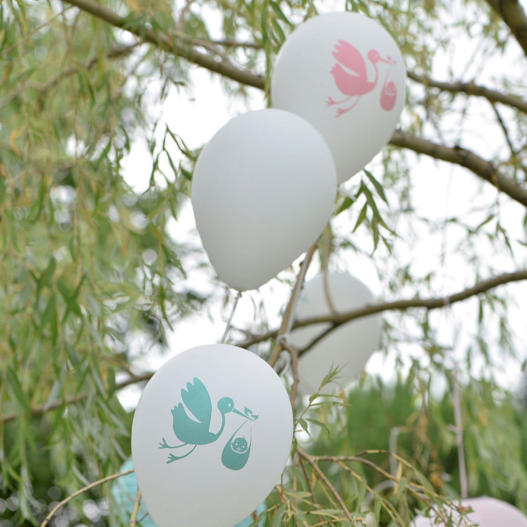 Luftballons Baby Shower Storch mit Baby rosa