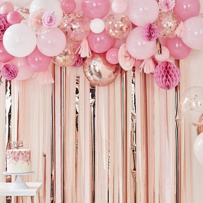 Ballongirlande Set mit Luftschlangen rosegold