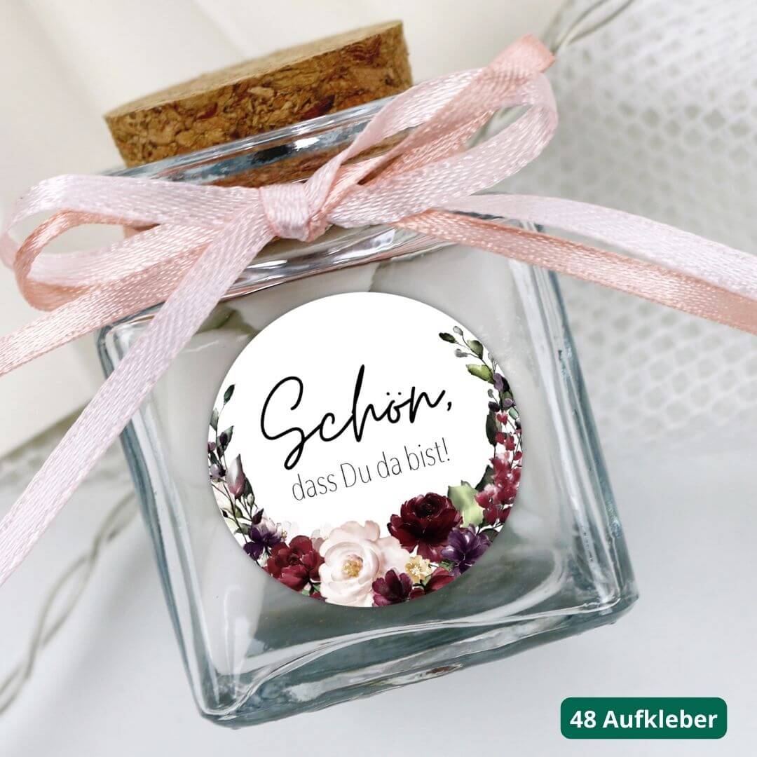 aufkleber fuer gastgeschenk hochzeit schoen dass du da bist burgundy