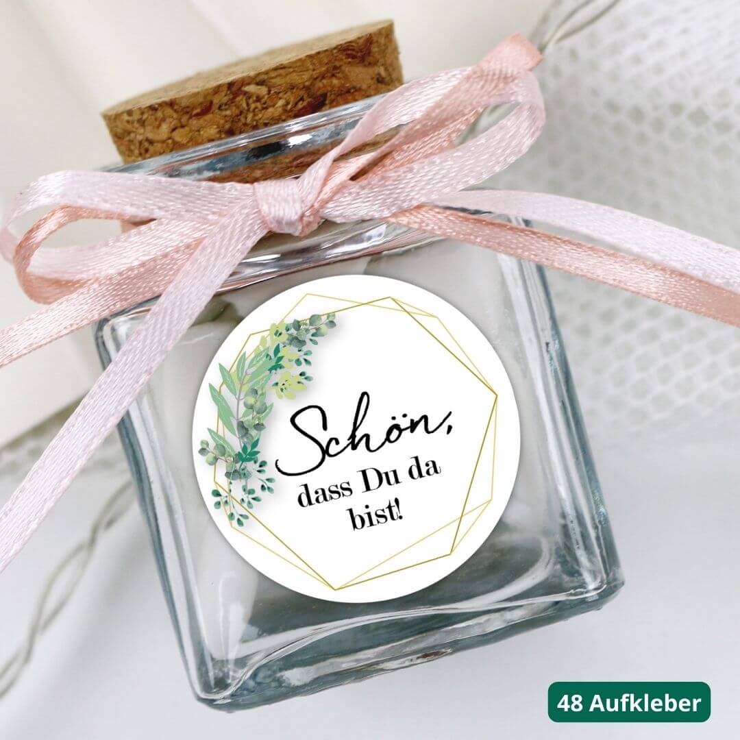 aufkleber fuer gastgeschenk schoen dass du da bist eukalyptus