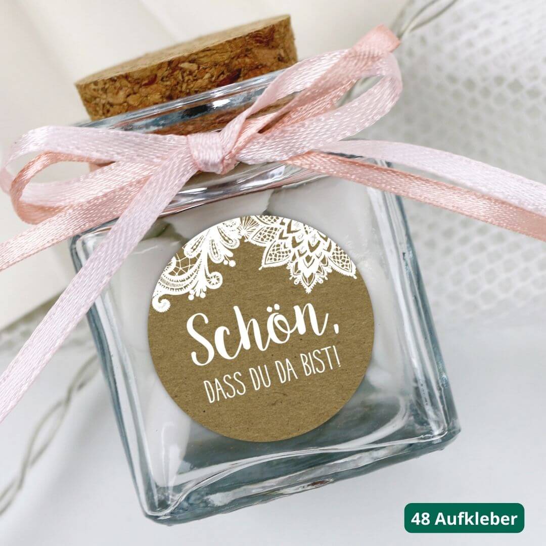 aufkleber fuer gastgeschenke zur hochzeit schoen dass du da bist vintage spitze