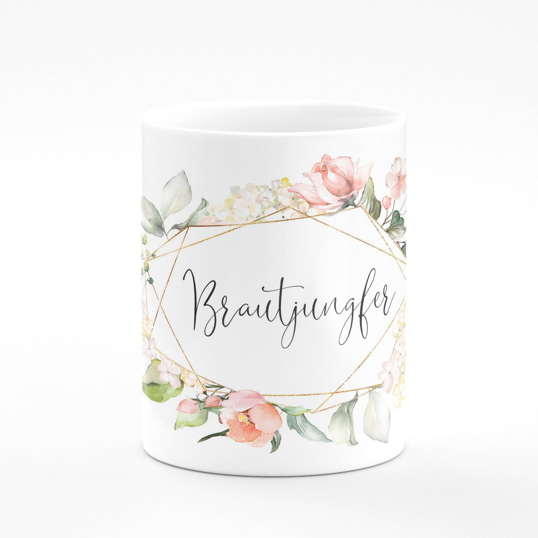 Tasse als Geschenk fuer Brautjungfer mit Blumenmotiv