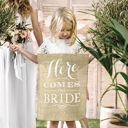 Jute Stoff Schild Here comes the bride