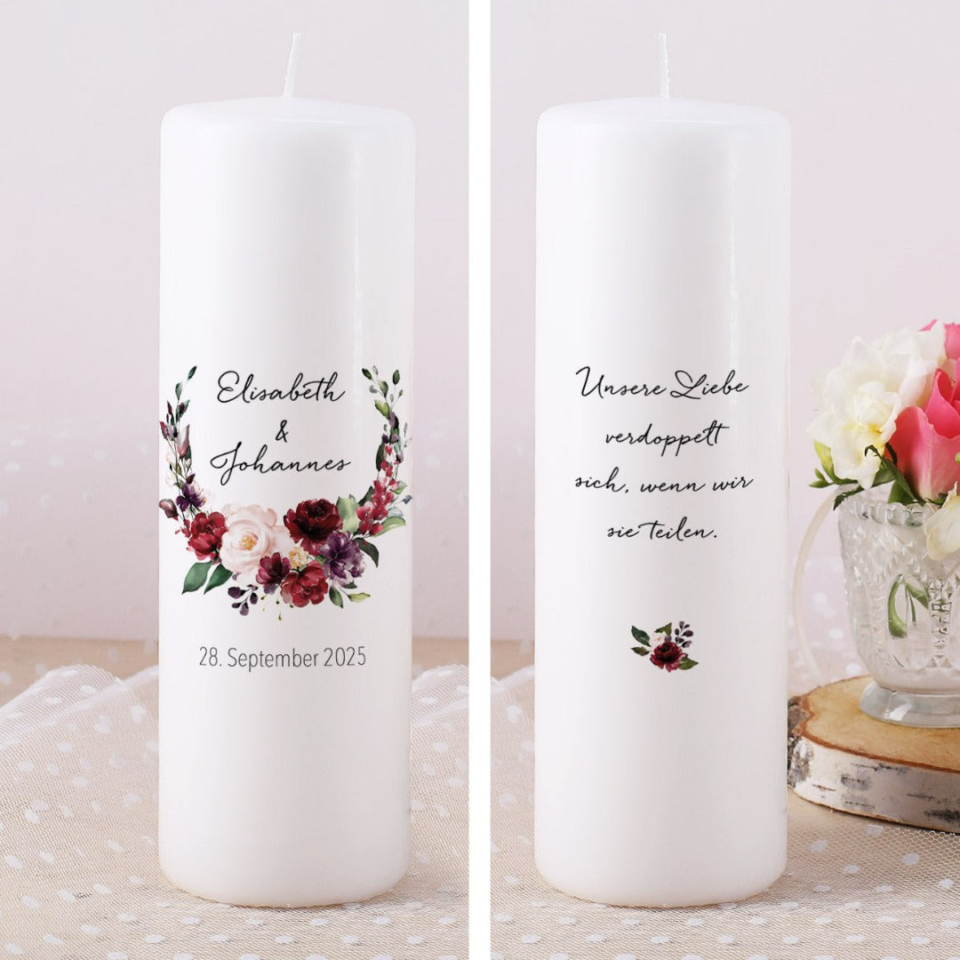 Personalisierte Hochzeitskerze Blütenkranz Burgundy – Ja-Hochzeitsshop