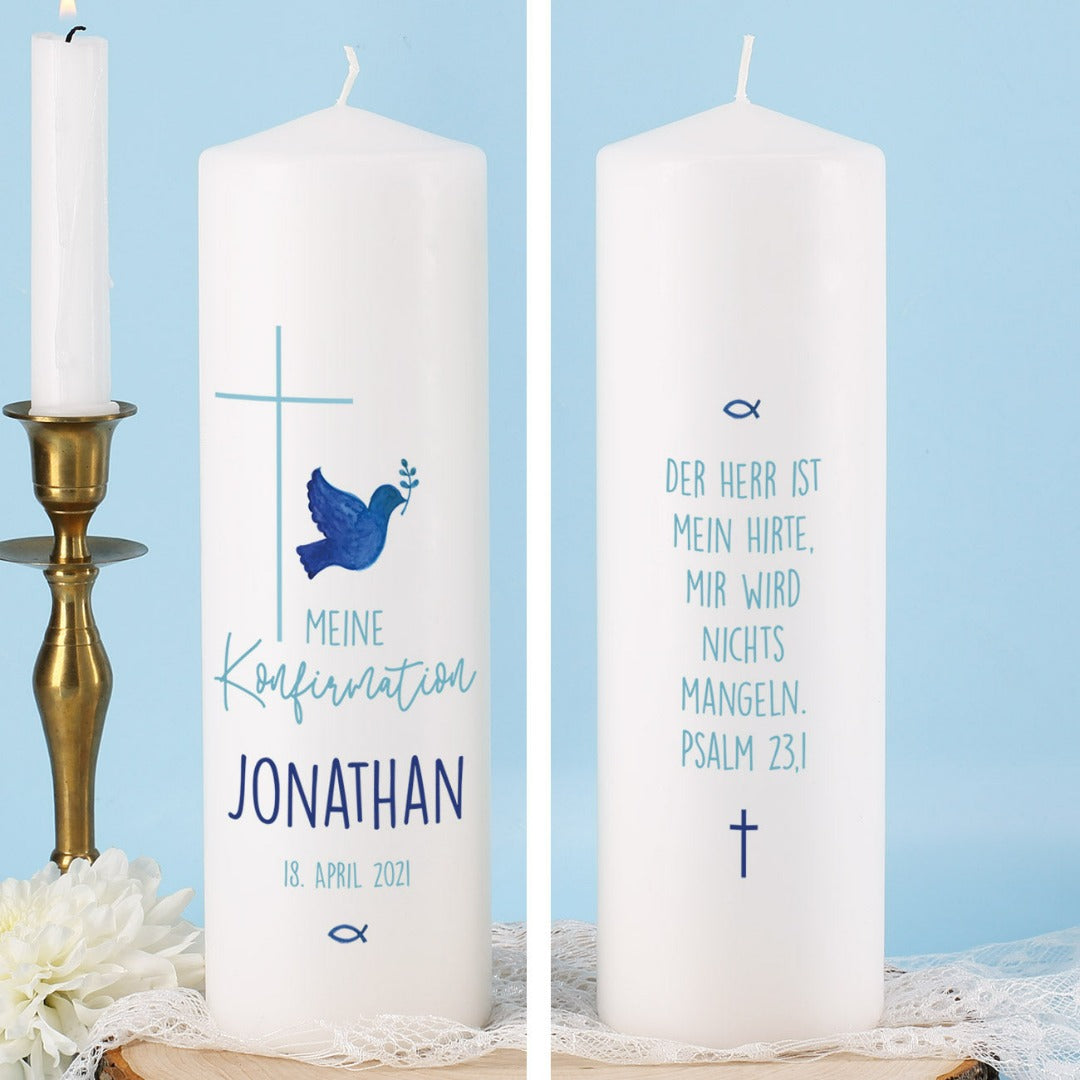 Personalisierte Konfirmationskerze Taube, Kreuz & Fisch