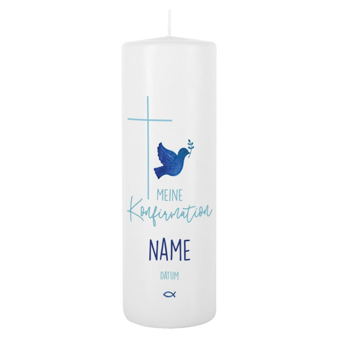 Personalisierte Konfirmationskerze Taube, Kreuz & Fisch