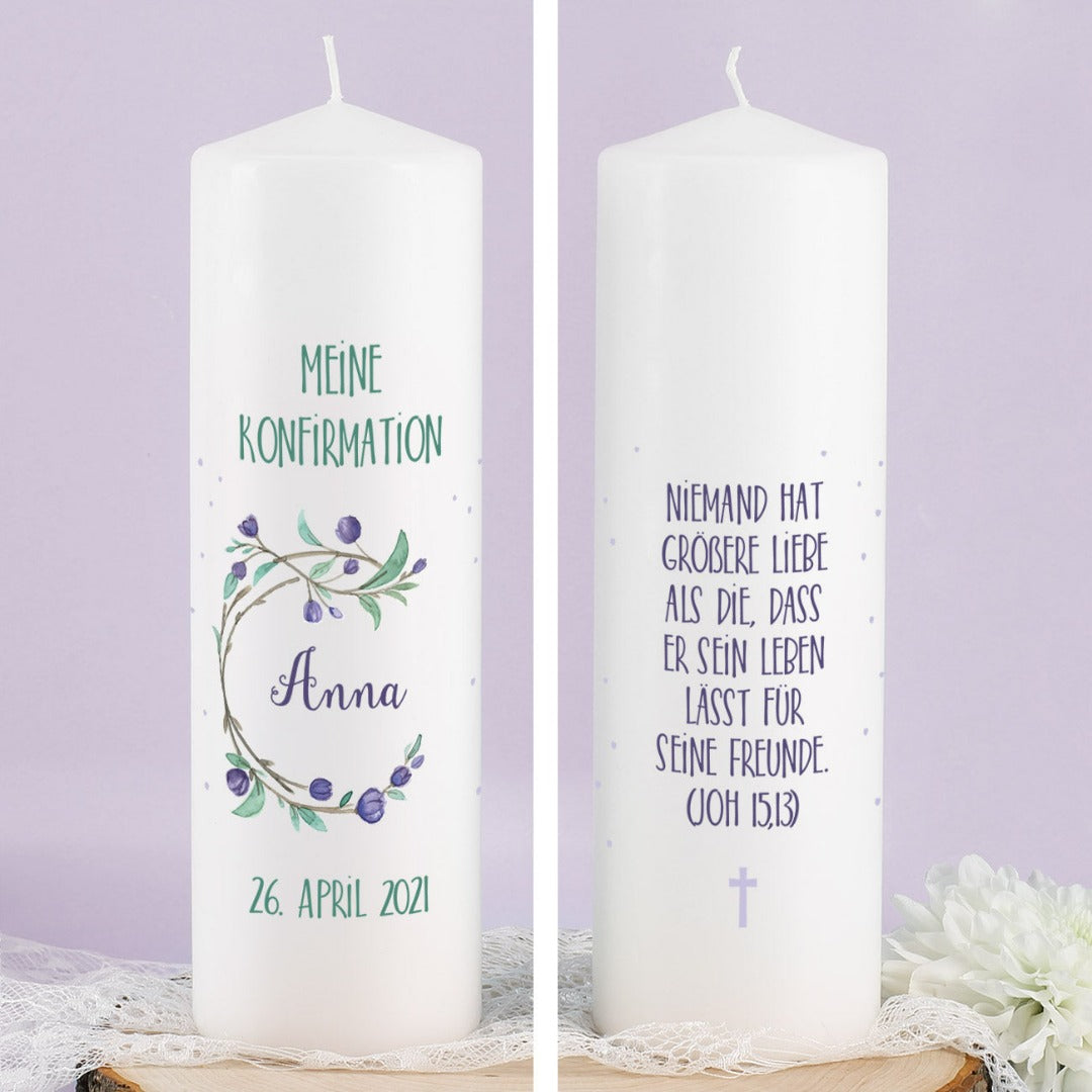 Personalisierte Konfirmationskerze Blumenkranz