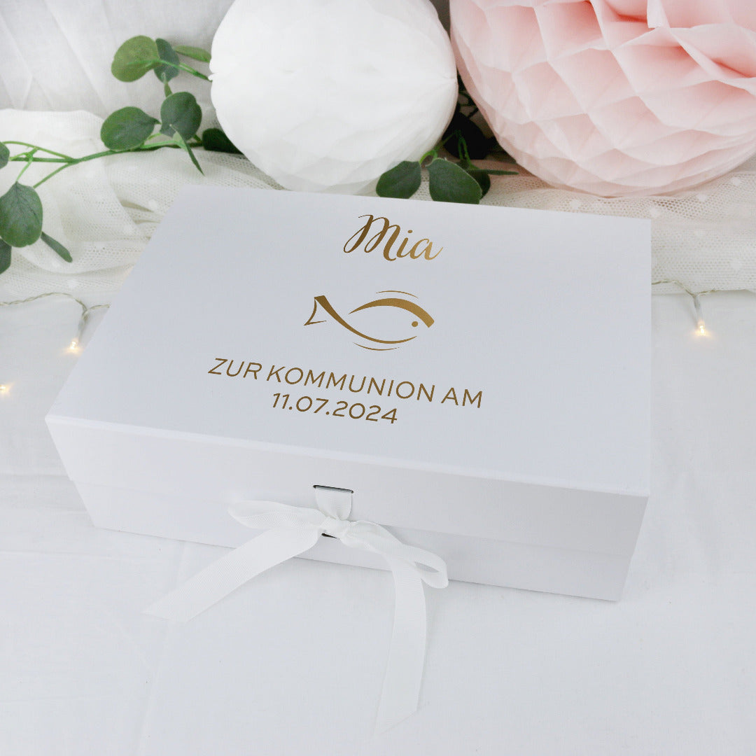 Personalisierte Geschenkbox Kommunion mit Fisch Symbol