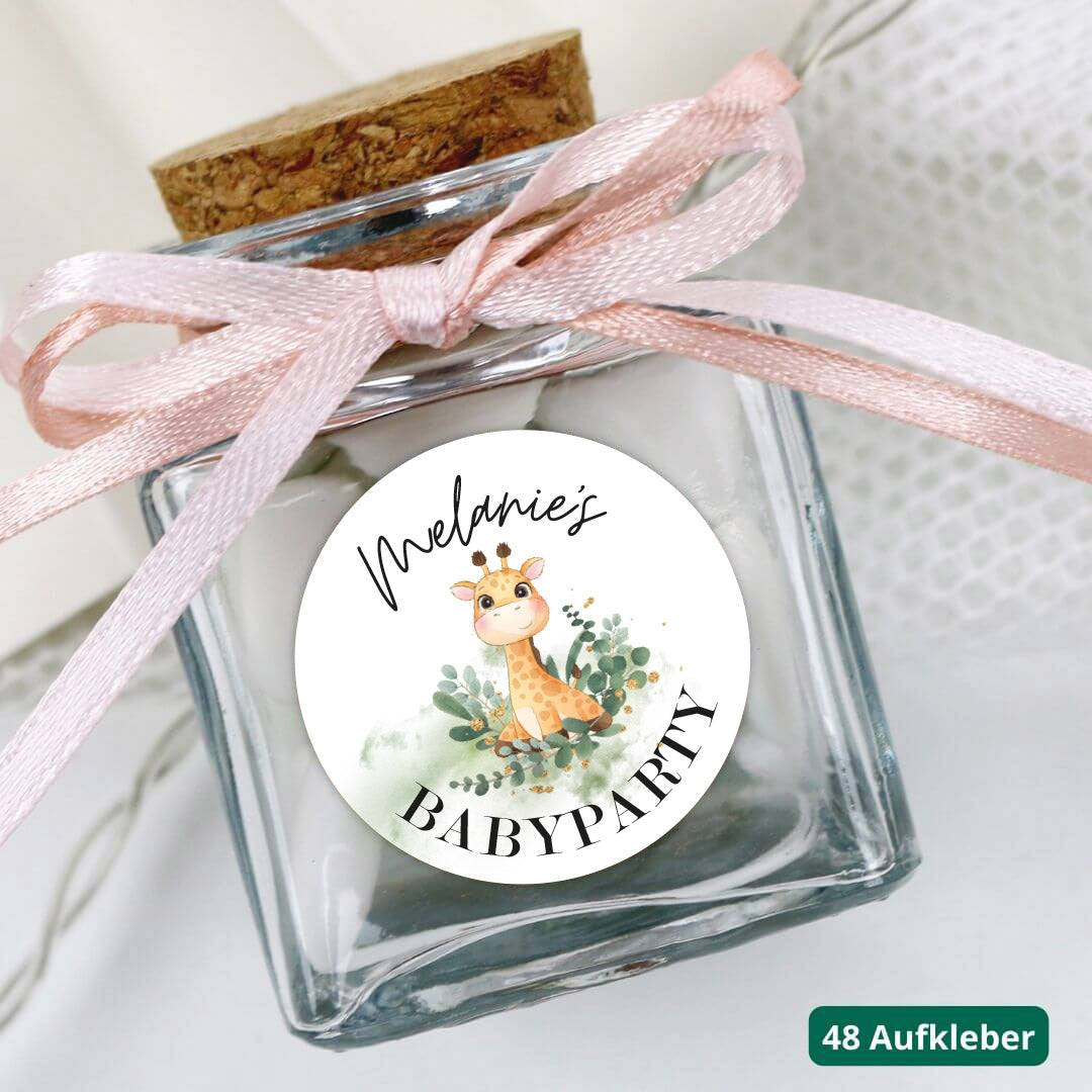 personalisierte aufkleber babyparty giraffe eukalyptus