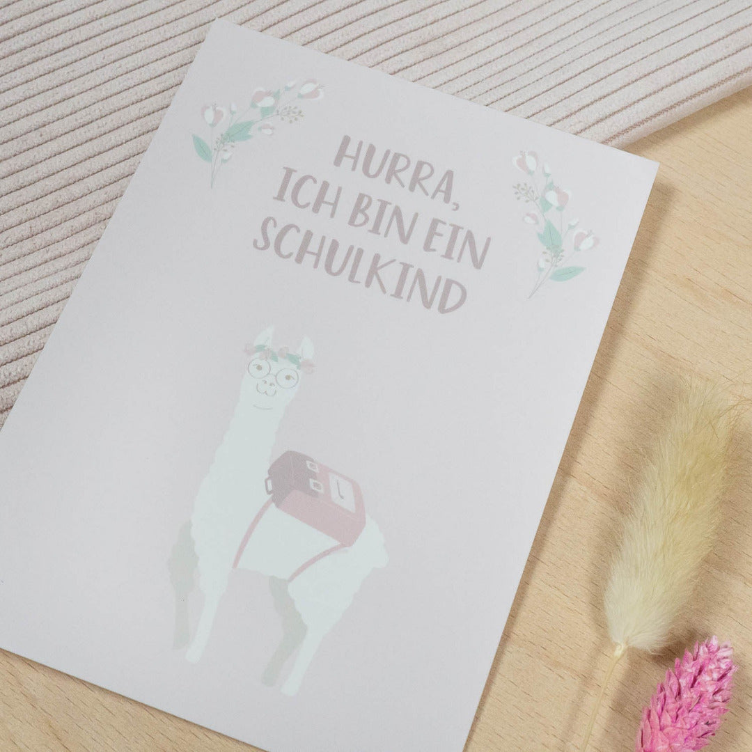 Postkarte Hurra, ich bin ein Schulkind rosa