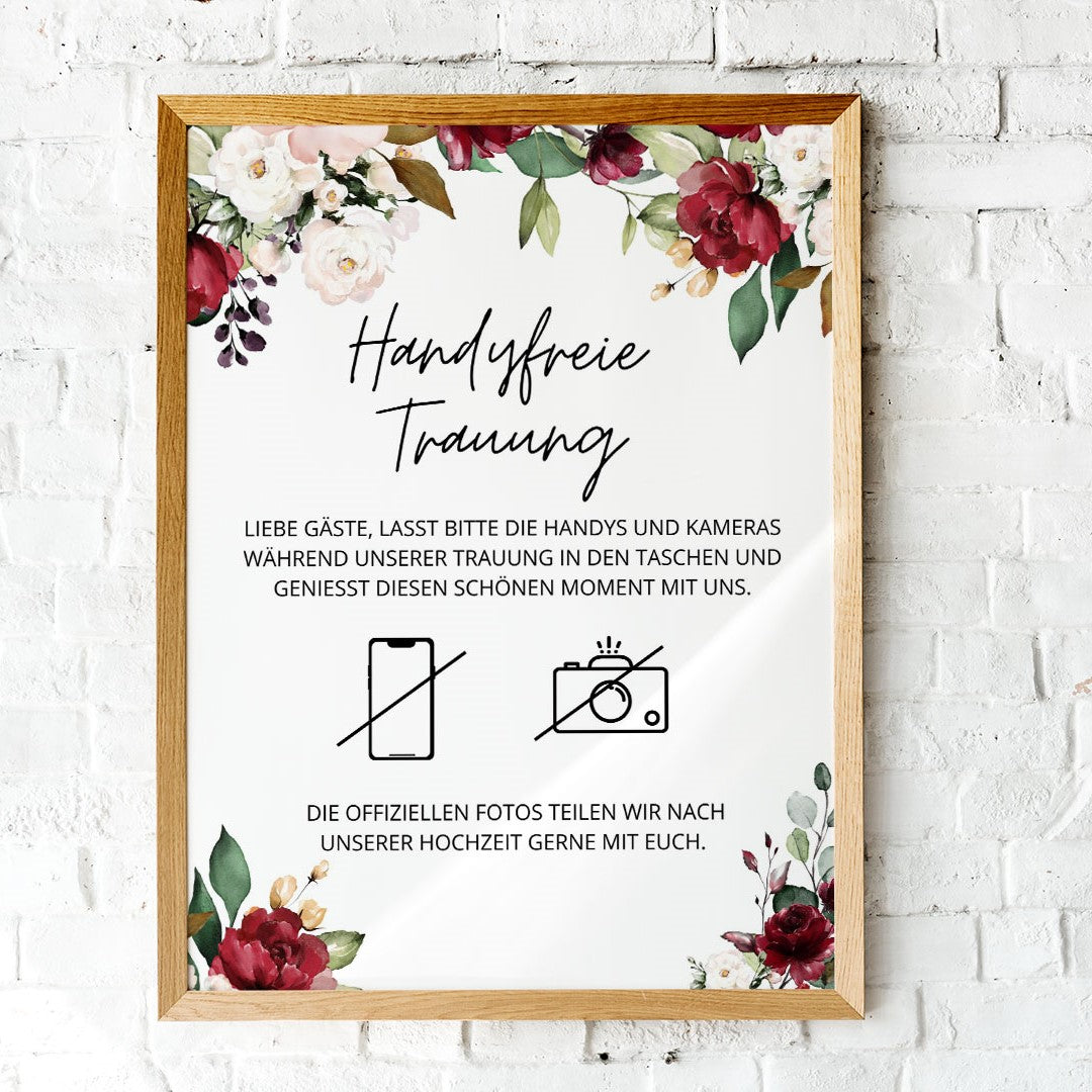 hinweisschild handyfreie hochzeit burgundy design