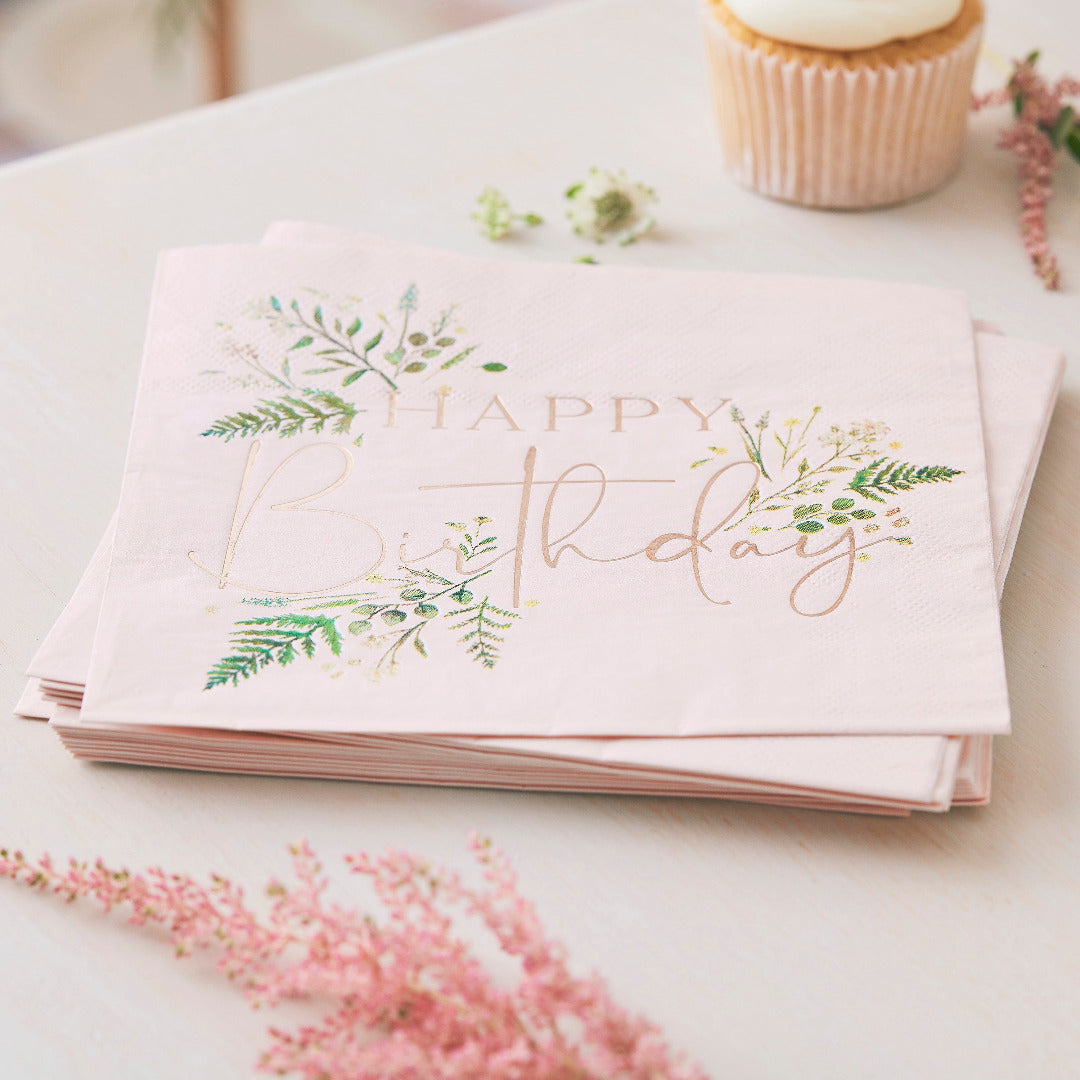 Servietten Happy Birthday rosa mit Eukalyptus Motiv