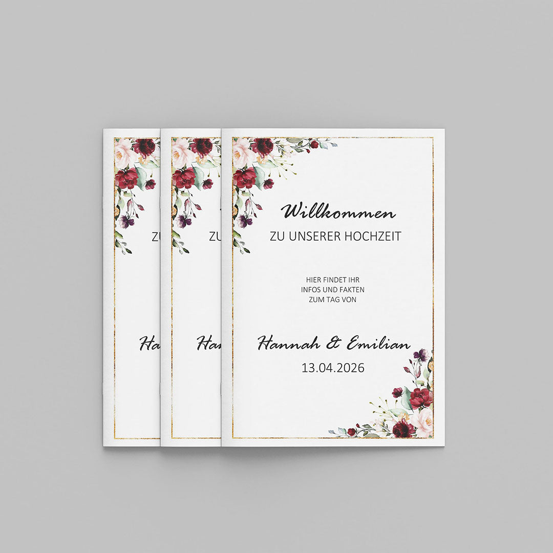 Personalisiertes Willkommensheft Hochzeit Burgundy (Sofort-Download) – Ja- Hochzeitsshop