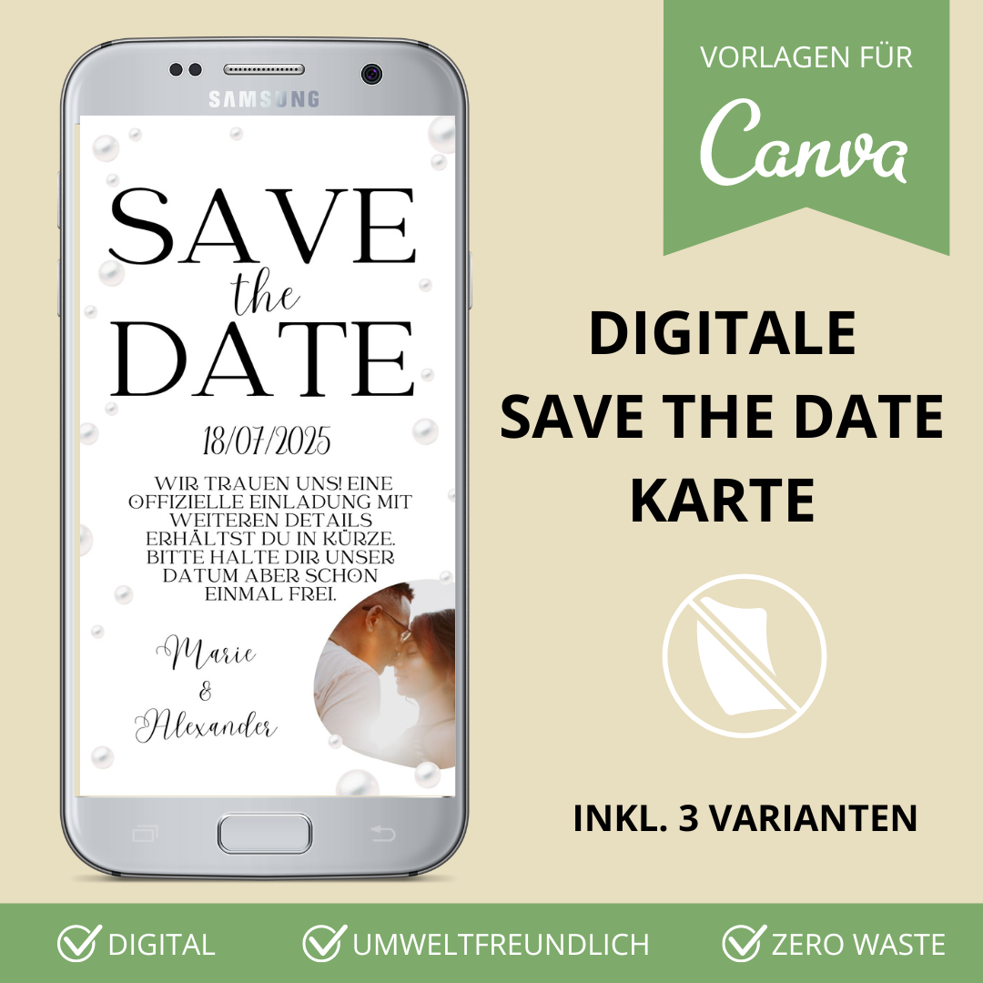 Digitale Save the Date Karte WhatsApp Perlen (Canva Vorlage)