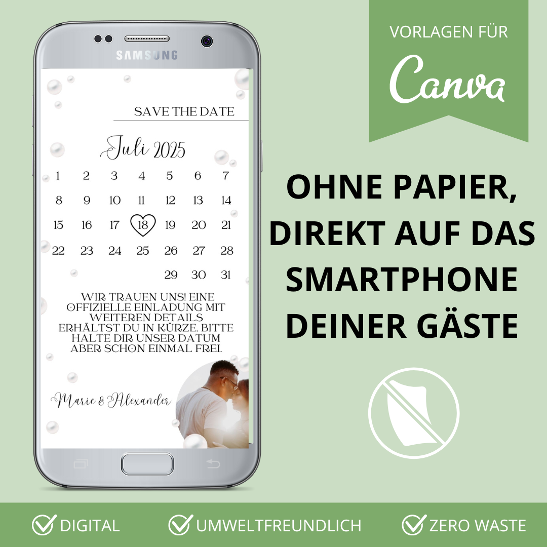 Digitale Save the Date Karte WhatsApp Perlen (Canva Vorlage)