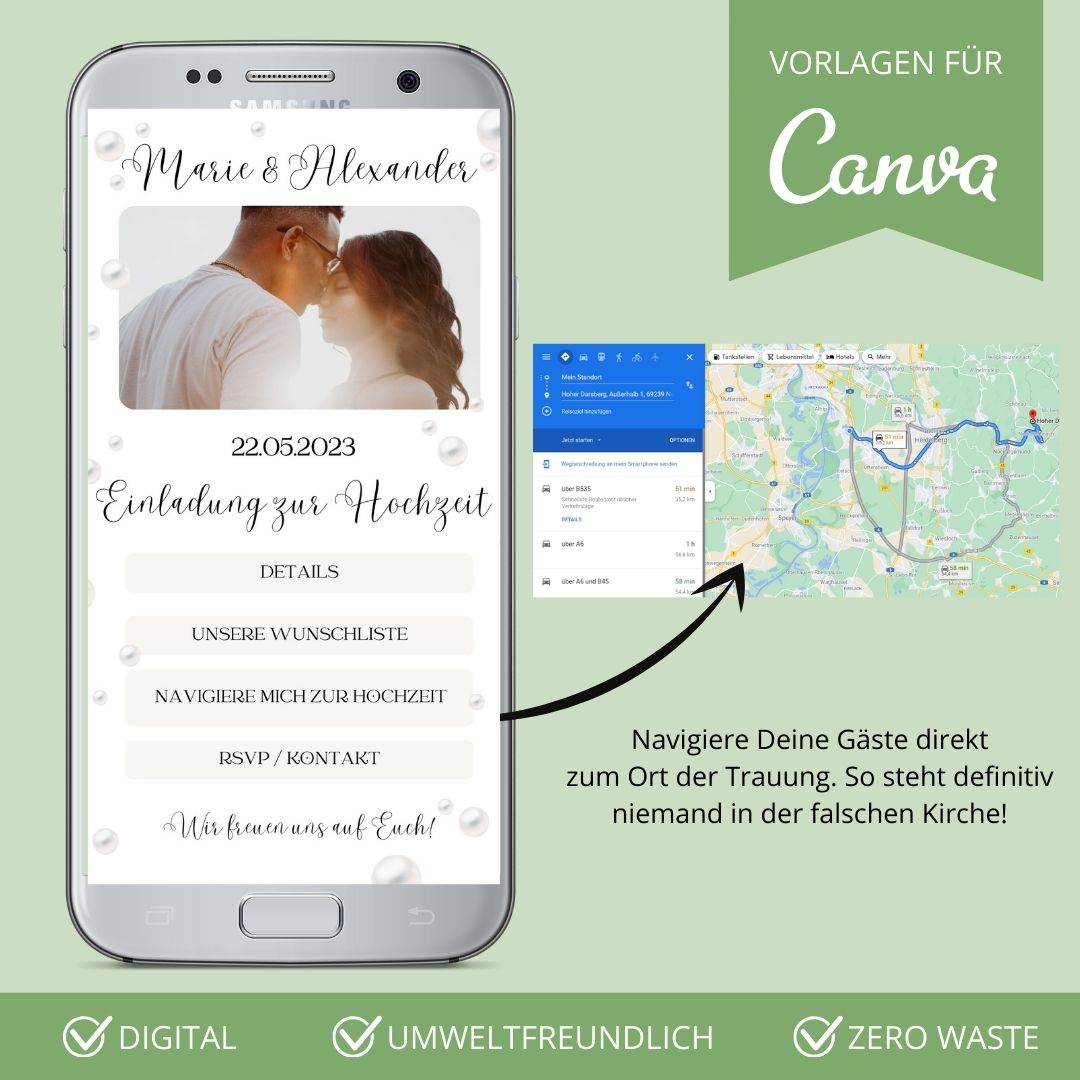 Digitale Einladung Hochzeit WhatsApp Perlen mit Links (Canva Vorlage)