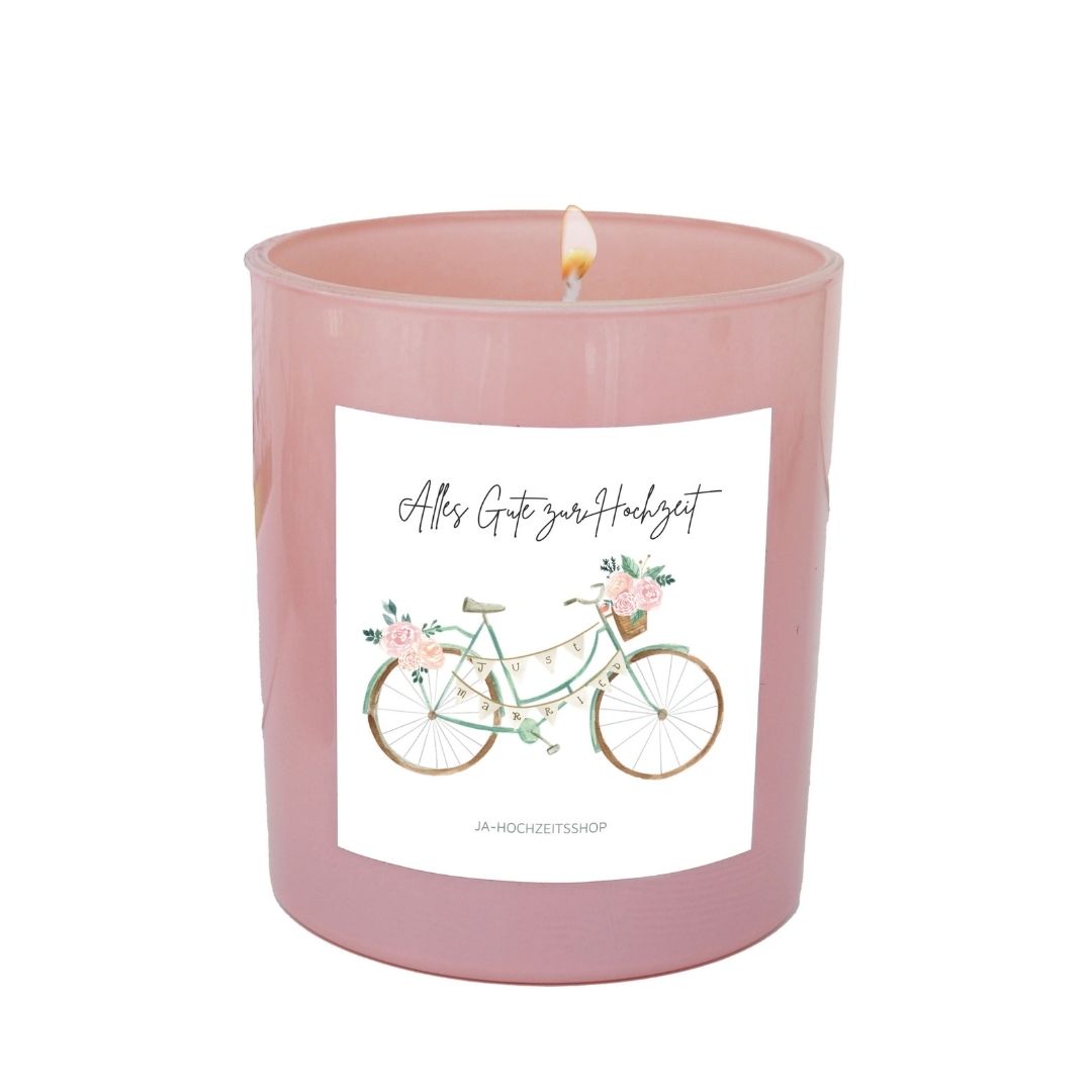 Geschenk Duftkerze zur Hochzeit rosa Fahrrad