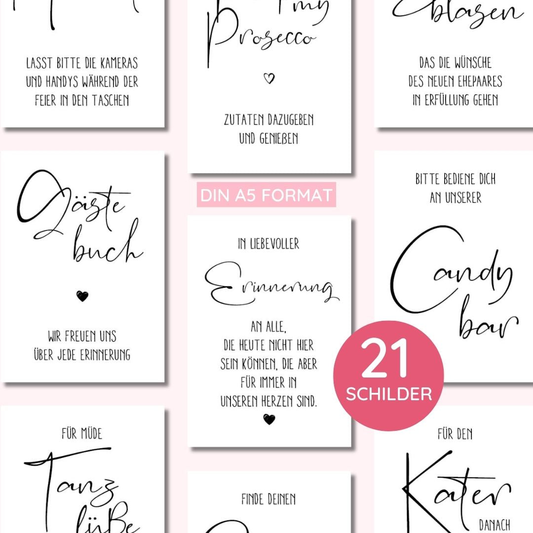 Set aus 21 Schildern zur Hochzeit als Sofort-Download