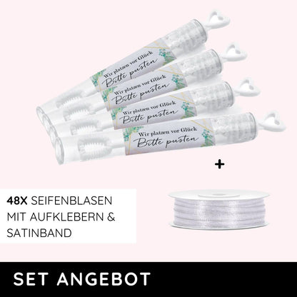 Set 48x Seifenblasen inkl. Aufkleber und Satinband Eukalyptus