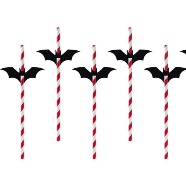 Halloween Strohhalme mit Streifen Fledermaus (6 Stück)