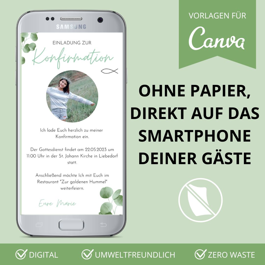 digitale einladung zur kommunion, konfirmation, firmung versenden als canva vorlage