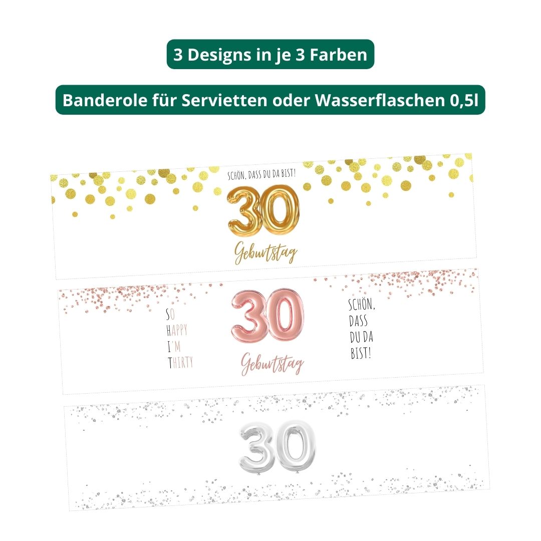 Banderole für Serviette oder Wasserflasche 30. Geburtstag