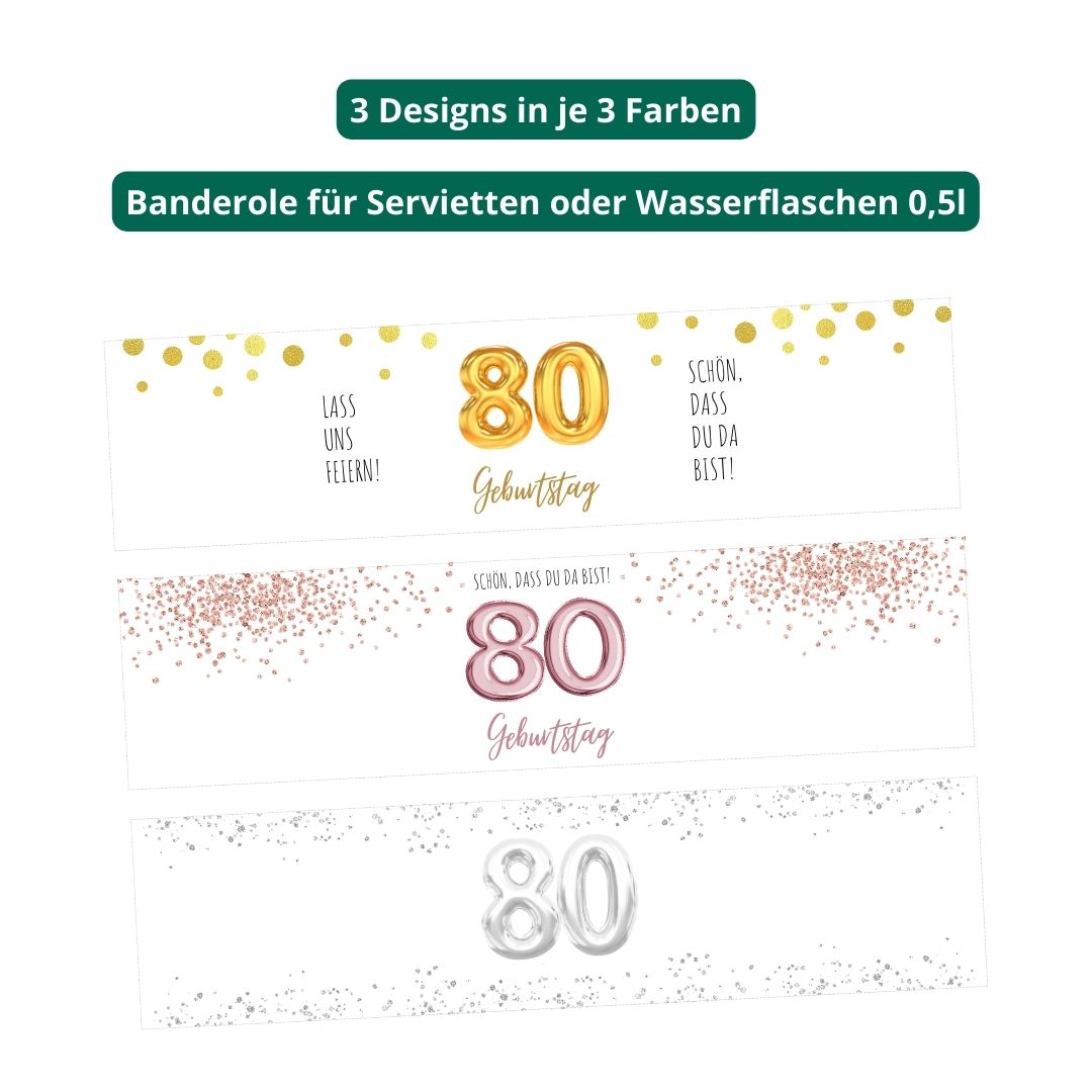 Banderole für Serviette oder Wasserflasche 80. Geburtstag (Sofort-Download)