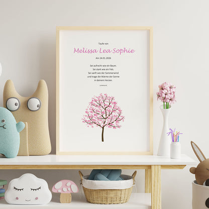 personalisiertes poster mit taufpsruch lebensbaum rosa
