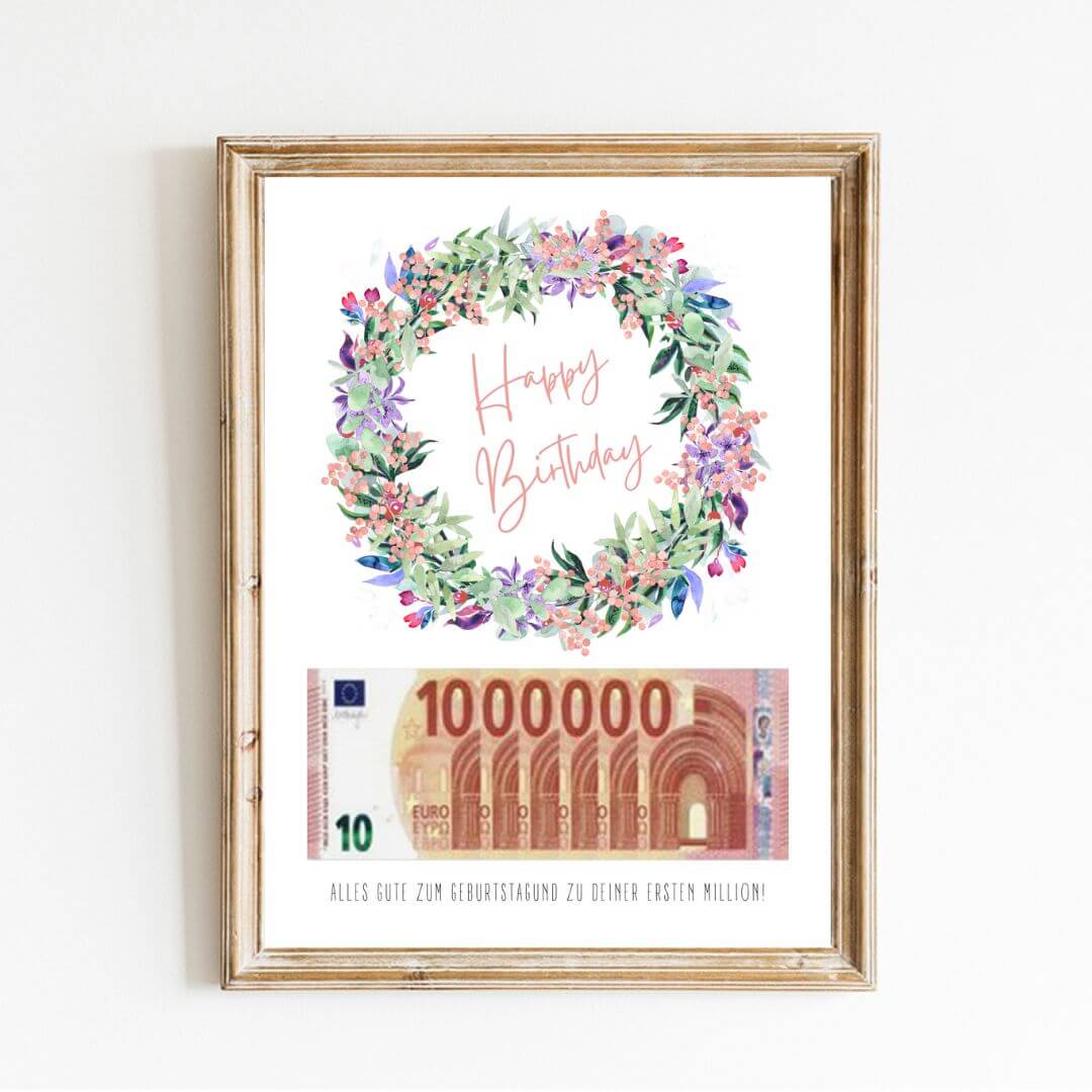 Geldgeschenk zum Geburtstag mit Blumenkranz als Download