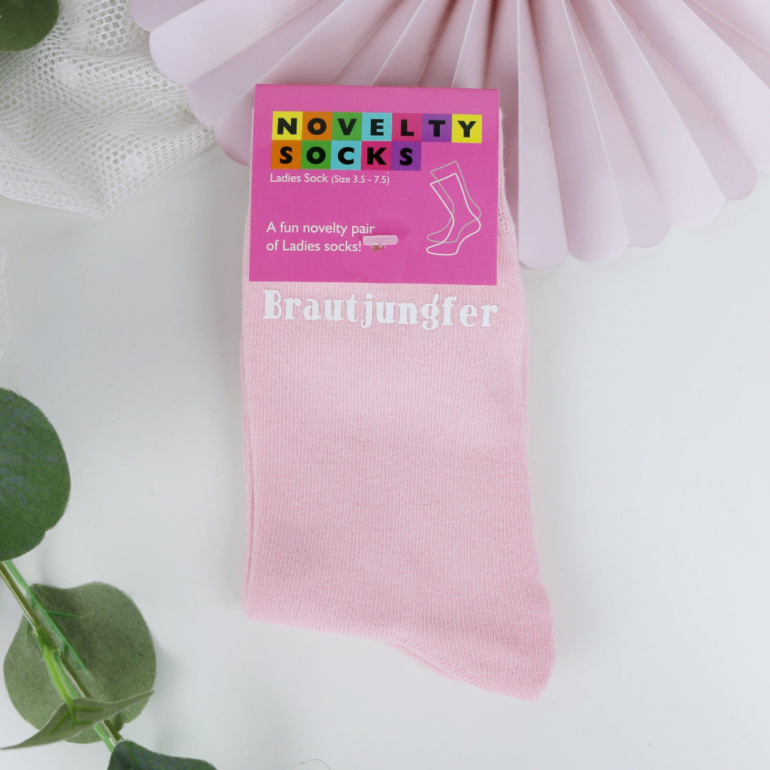 Socken rosa für Hochzeit mit Spruch Brautjungfer